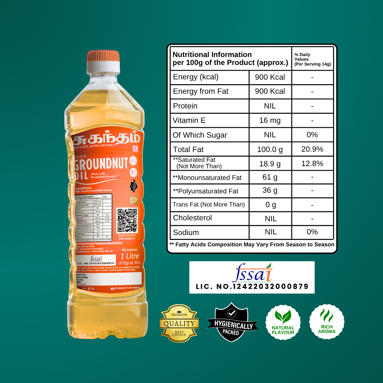 Sugandham Groundnut Oil / Peanut Oil ( Chekku / Ghani ) கடலை எண்ணெய் 1 Litre